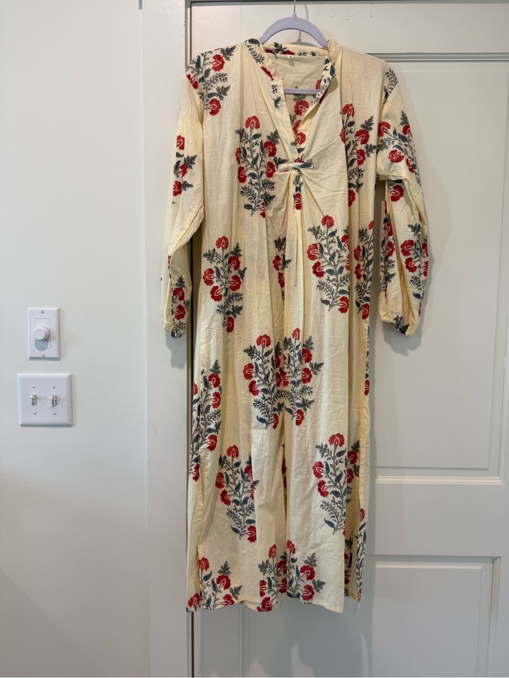 Cream Boho Floral block print Tunic Shirt Dress with Red and Gray